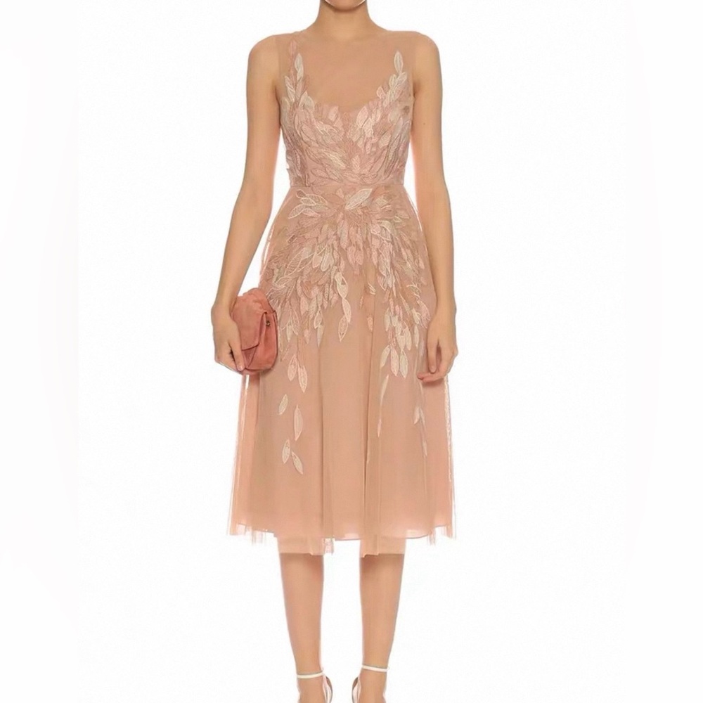 BCBGMaxAzria Dusty Rose Embroidered Leaf Tulle Dress